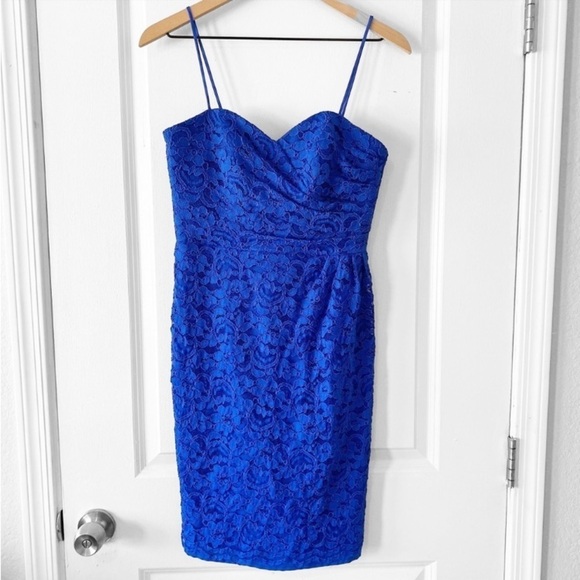 DAVID’S BRIDAL Floral Lace Ruched Dress Horizon Blue Bridesmaid Cocktail - Picture 1 of 11